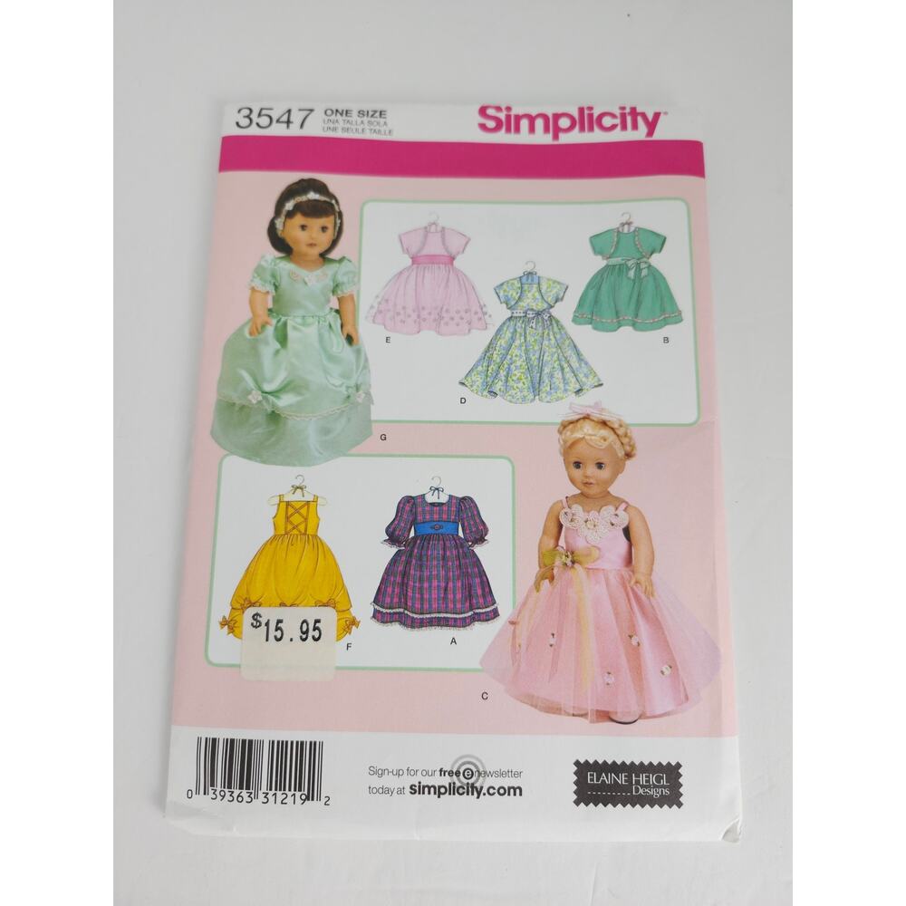 Simplicity 3547 UNCUT Pattern 18" Doll Clothes Elaine Heigl Designs Sewing 2007